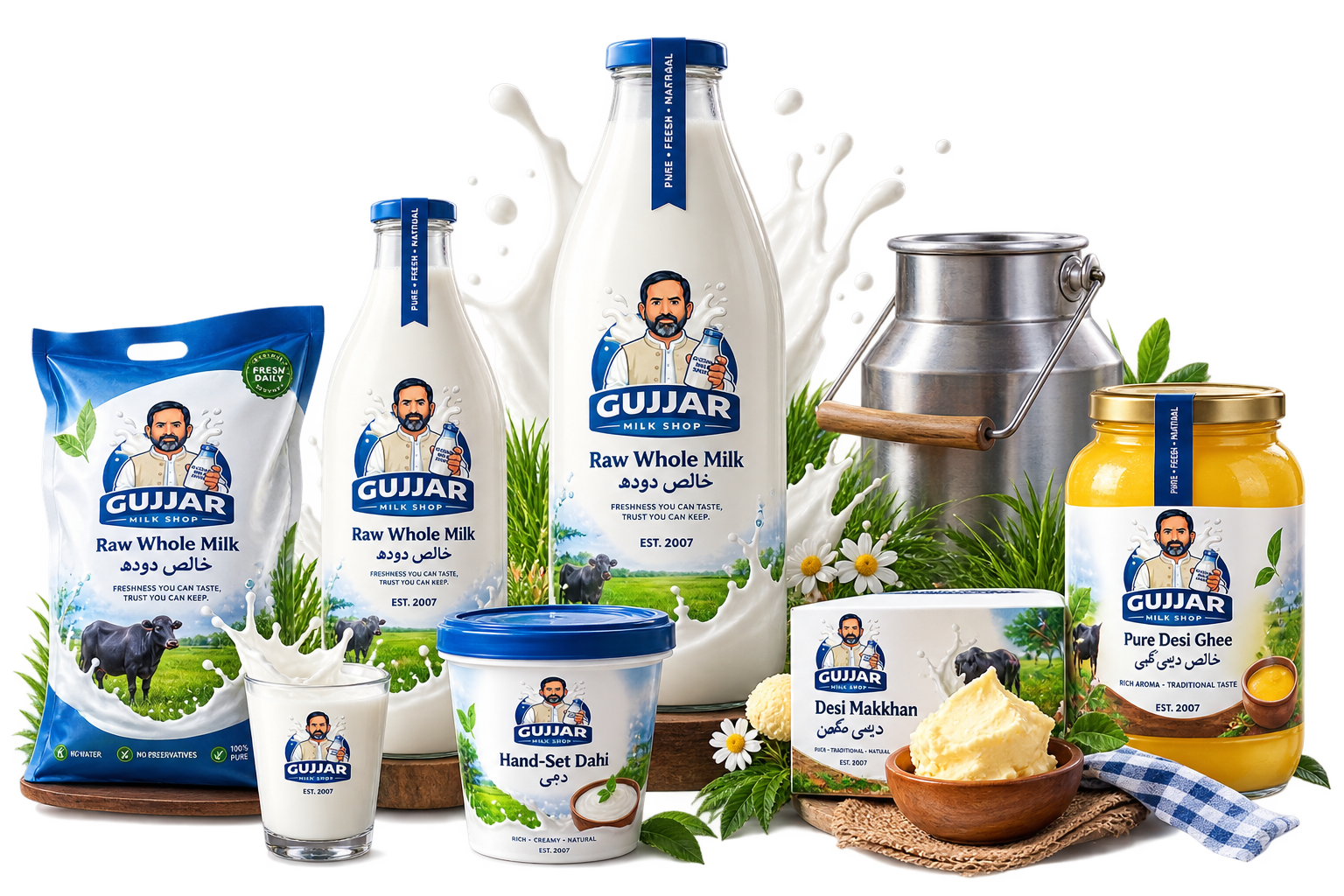 Gujjar Milk Shop Full Fat Milk, Hand-Set Yogurt, Desi Makkhan, and Pure Desi Ghee